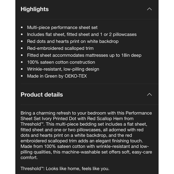 King 400 Thread Count Sheet Set Ivory Printed Dot with Red Scallop Hem Threshold - Picture 6 of 7